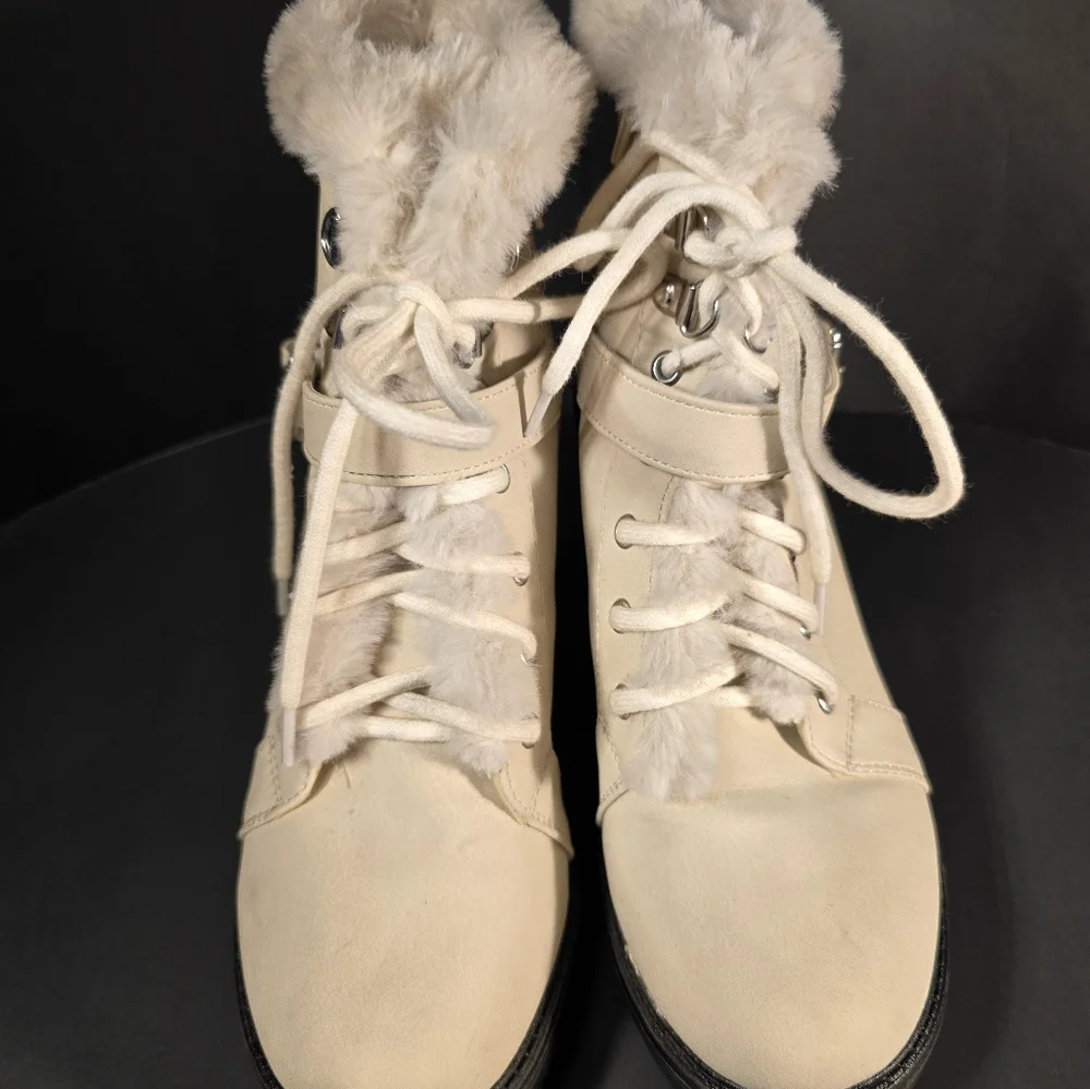 Esprit Elaine Leather Lace Up Ankle Boots Winter White Faux Fur Block Heel Sz 8M